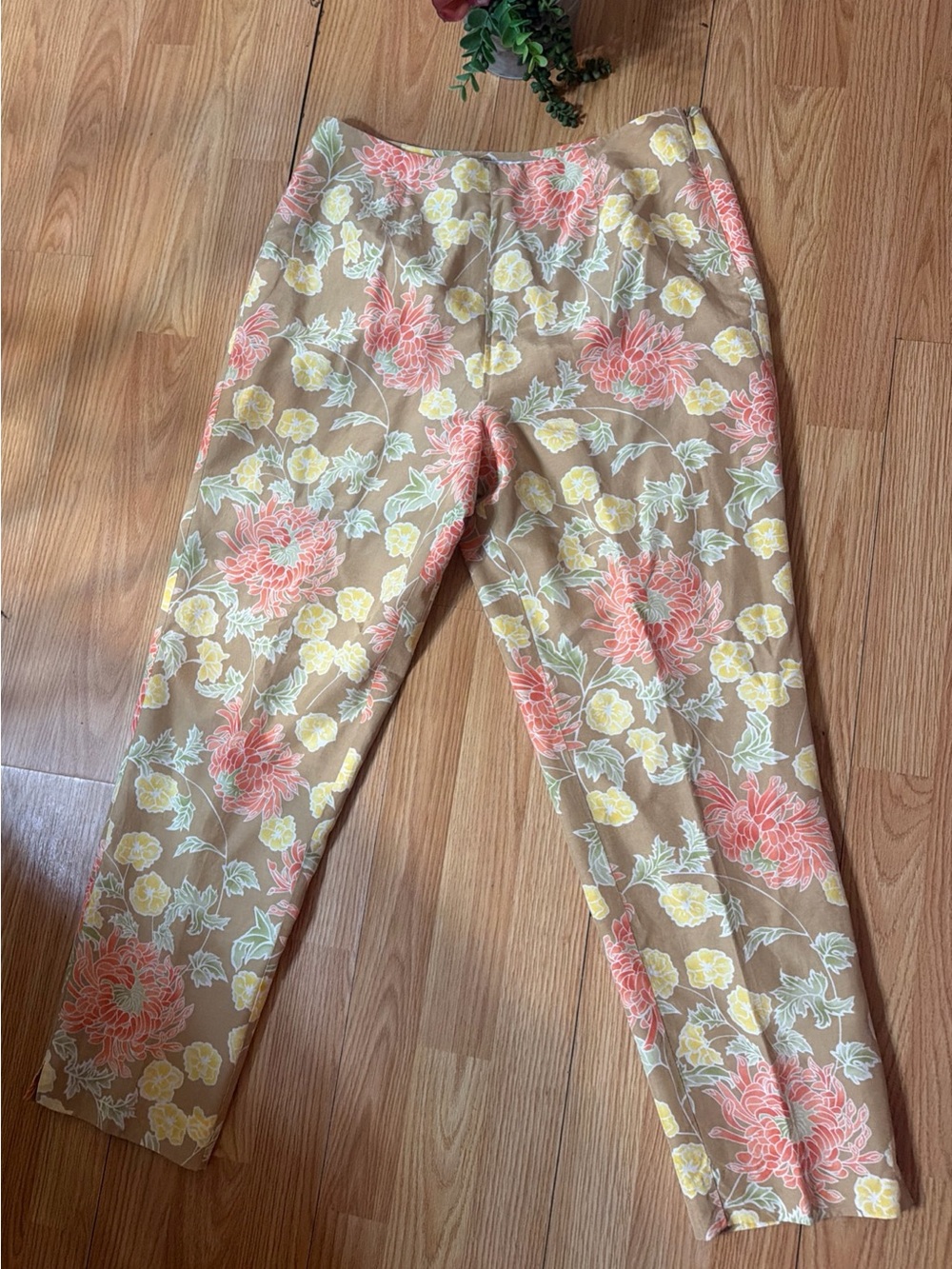 Vintage70's Silk Worthington BlendFloral Tapered Pants TanOrangeYellow Womens 10